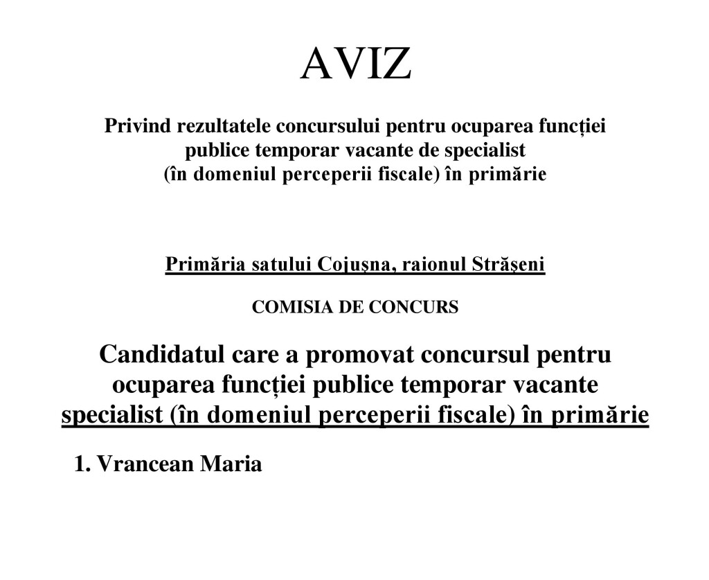 Aviz. nr. 3 promovarea concurs specialist (perceptor fiscal)