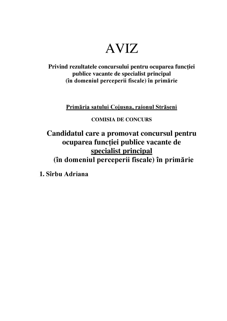 Aviz. nr. 3 promovarea concurs specialist (perceptor fiscal)