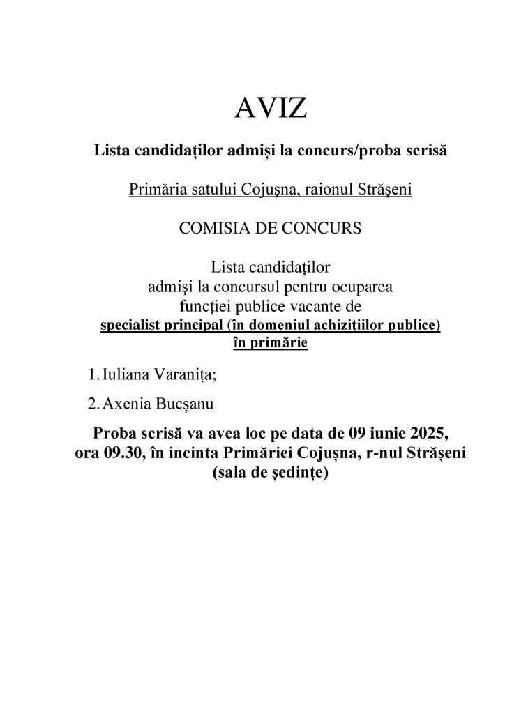 Aviz. nr. 2 Lista candidaților admiși la concurs